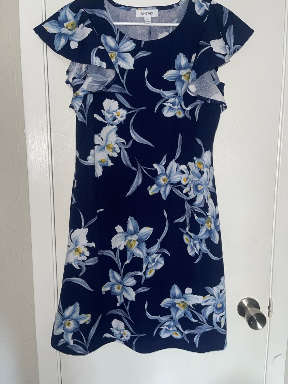 Nine West Navy Floral Scoop Neck Dress with Yellow Accents